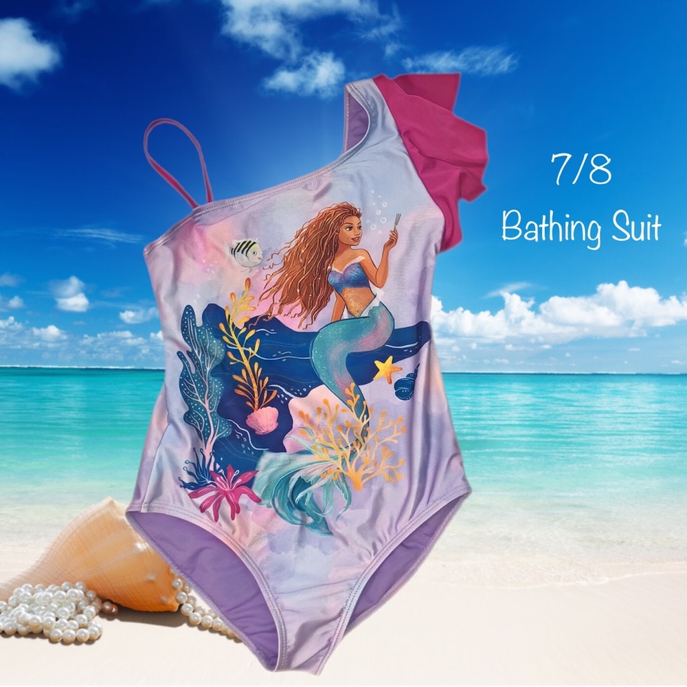 3/15 Disney Little Mermaid One-Shoulder Swimwear Pink and Purple
